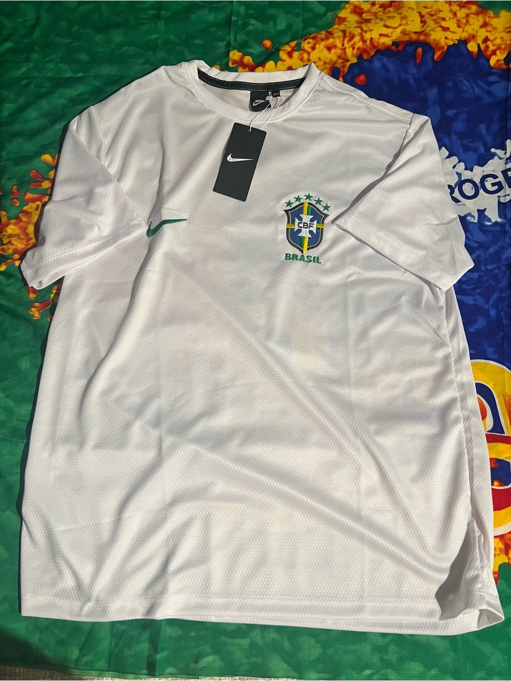 Nike White Brazil Crest Soccer Jersey with Green and Blue Embroidery